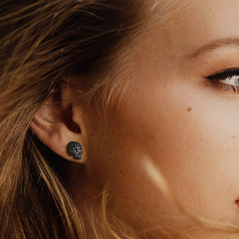 Gothic Flaming Skull Stud Earrings for