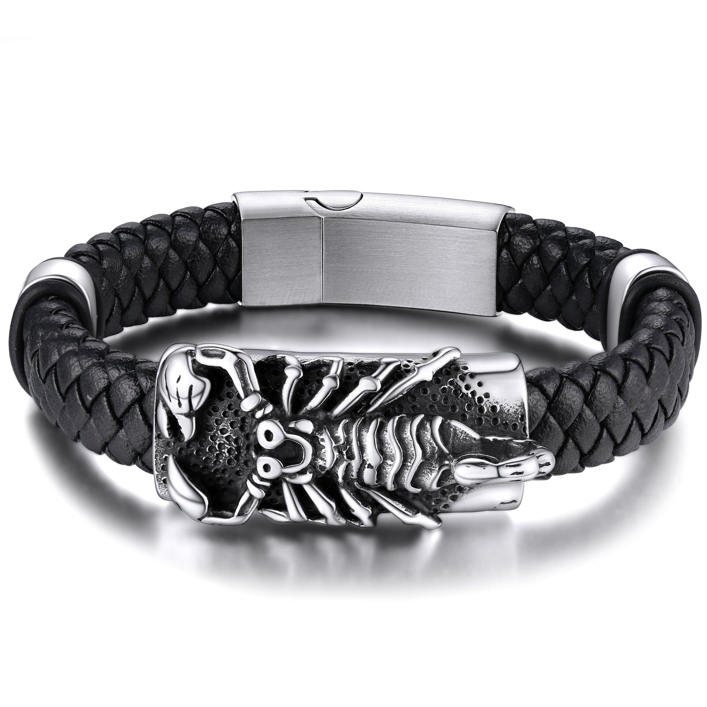 Punk Scorpion Black Braided Leather Bracelet Bangle Gift for Son Grandson