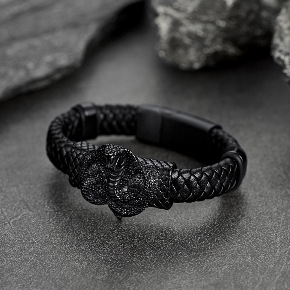 Gothic Black Cobra Snake Leather Bracelet Cuff Band for