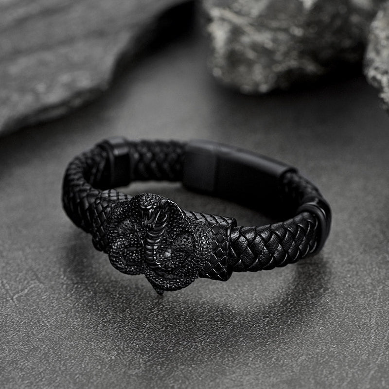 Gothic Black Cobra Snake Leather Bracelet Cuff Band for