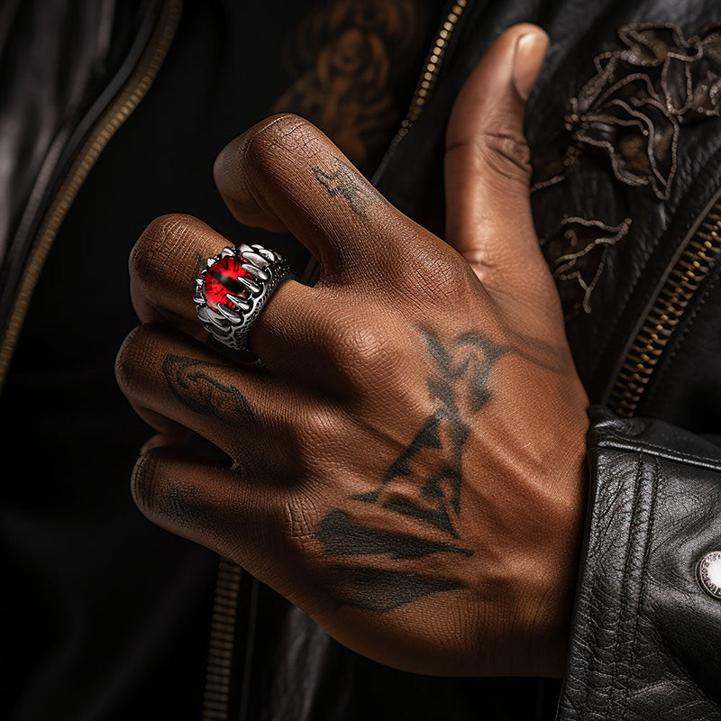 Gothic Dragon Teeth Red Evil Eyes Ring for