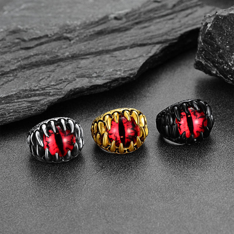 Gothic Dragon Teeth Red Evil Eyes Ring for