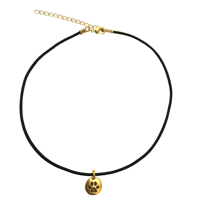 Dragonweave Paw Circle Charm Necklace and Earring Set, Gold Plated Black Leather Choker and Leverback Earrings