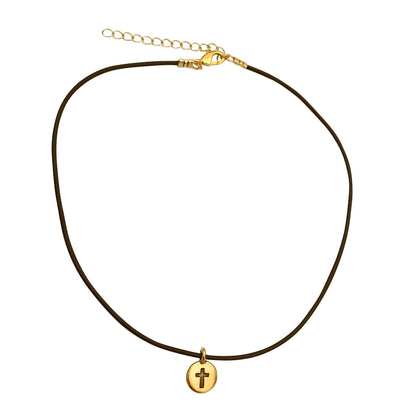 Dragonweave Cross Circle Charm Necklace and Earring Set, Gold Plated Black Leather Choker and Leverback Earrings
