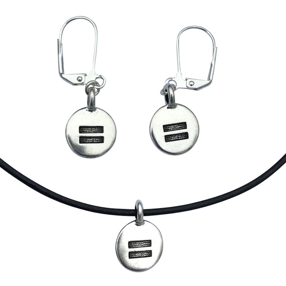Dragonweave Equality Circle Charm Necklace and Earring Set, Silver Plated Black Leather Choker and Leverback Earrings