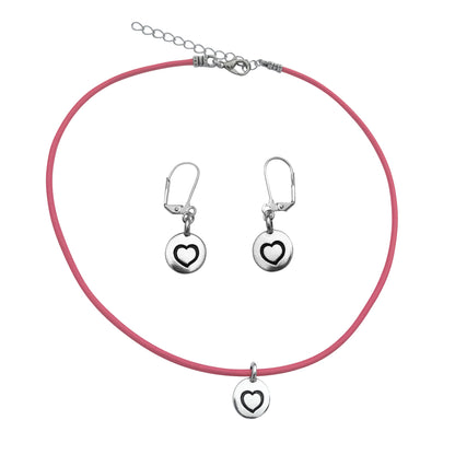 Dragonweave Heart Circle Charm Necklace and Earring Set, Silver Plated Pink Leather Choker and Leverback Earrings
