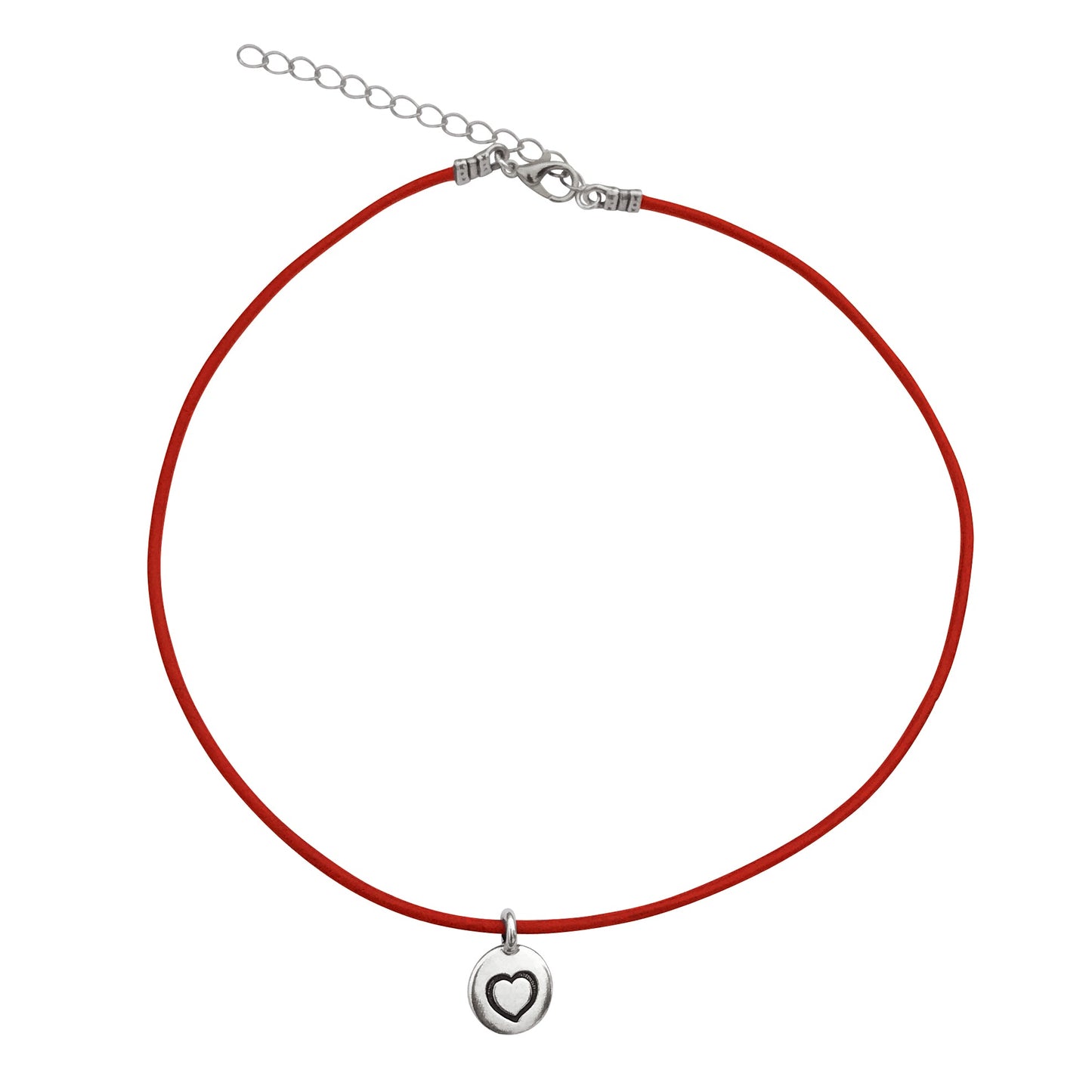 Dragonweave Heart Circle Charm Necklace and Earring Set, Silver Plated Red Leather Choker and Leverback Earrings
