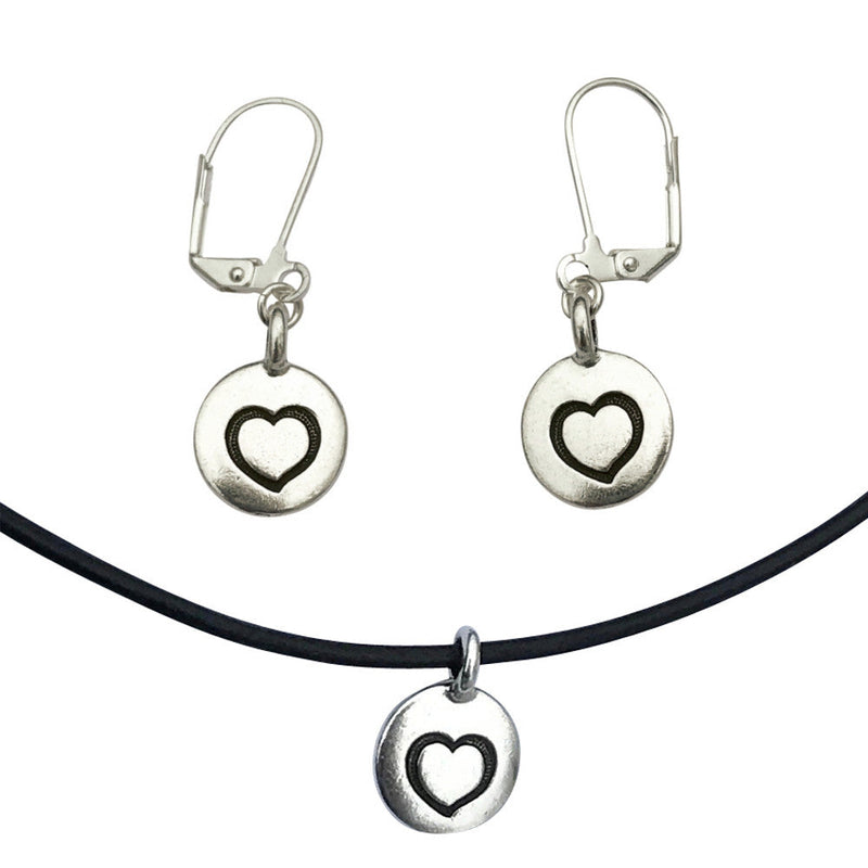 Dragonweave Heart Circle Charm Necklace and Earring Set, Silver Plated Black Leather Choker and Leverback Earrings