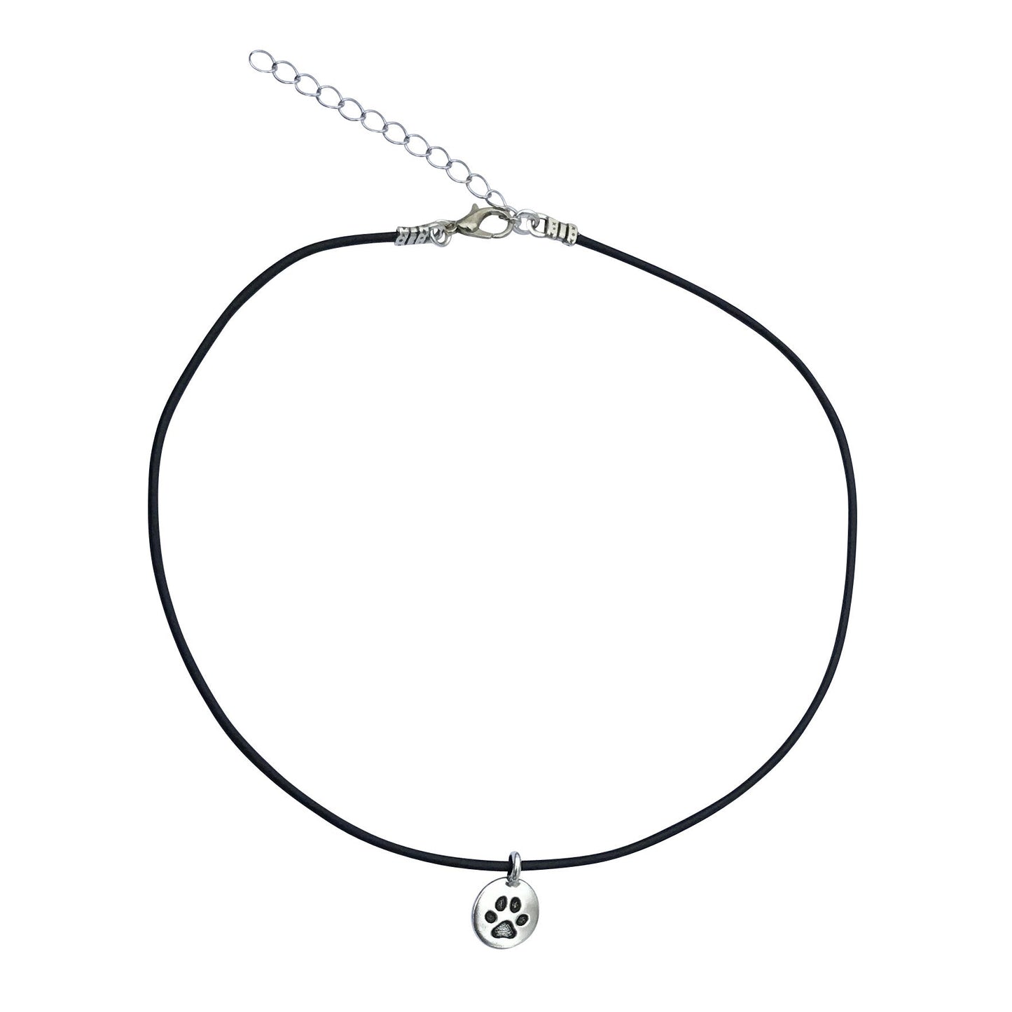 Dragonweave Paw Circle Charm Necklace and Earring Set, Silver Plated Black Leather Choker and Leverback Earrings