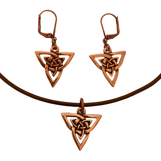Dragonweave Celtic Trine Charm Necklace and Earring Set, Antique Copper Brown Leather Choker and Leverback Earrings
