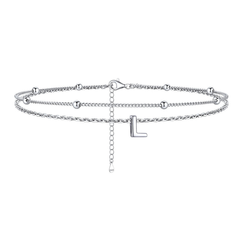 925 Sterling Silver Bead Chain Layered Initial Anklets for Girlfriend Gift