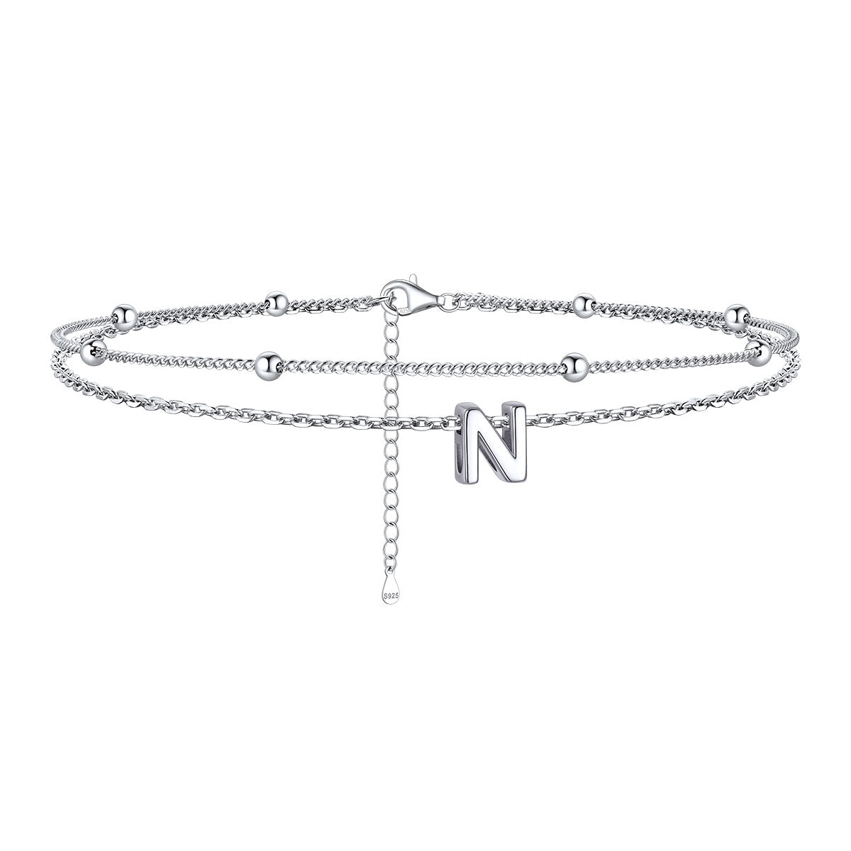 925 Sterling Silver Bead Chain Layered Initial Anklets for Girlfriend Gift