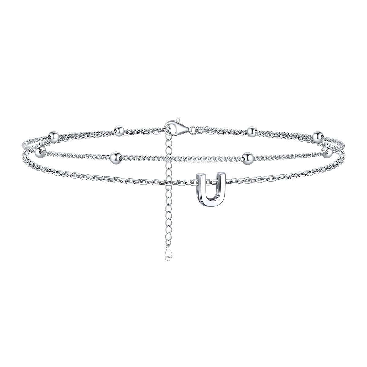 925 Sterling Silver Bead Chain Layered Initial Anklets for Girlfriend Gift