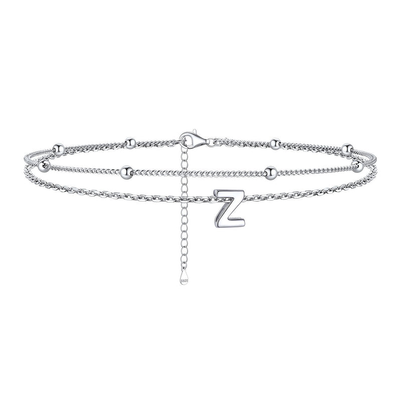 925 Sterling Silver Bead Chain Layered Initial Anklets for Girlfriend Gift