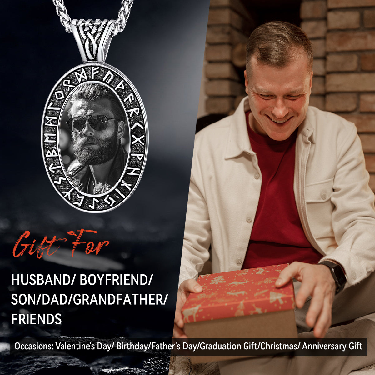 Customized Engraved Picture Necklace With Viking Runes for