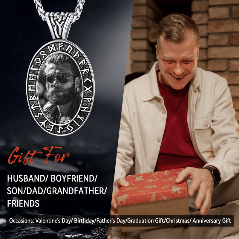 Customized Engraved Picture Necklace With Viking Runes for