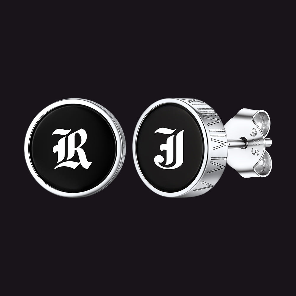 Engraved Roman Numerals Black Onyx Stud Earrings for