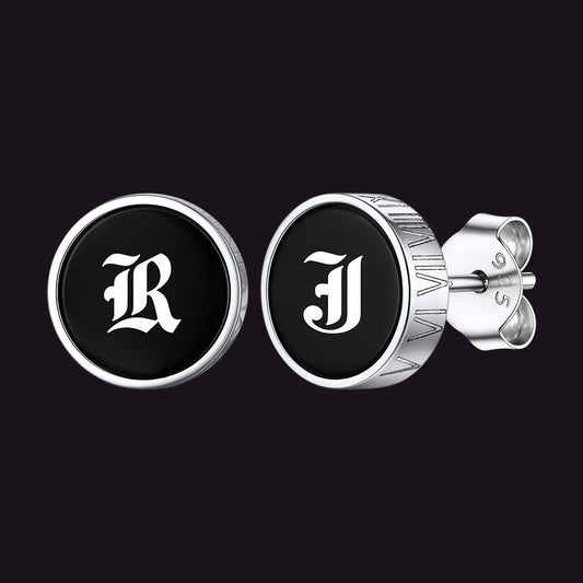 Engraved Roman Numerals Black Onyx Stud Earrings for