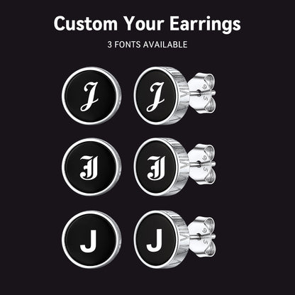 Engraved Roman Numerals Black Onyx Stud Earrings for