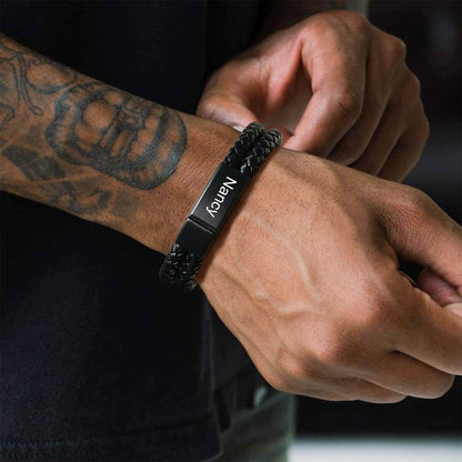 Engraved Custom Double Black Braided Leather Bracelet Cuff for Son
