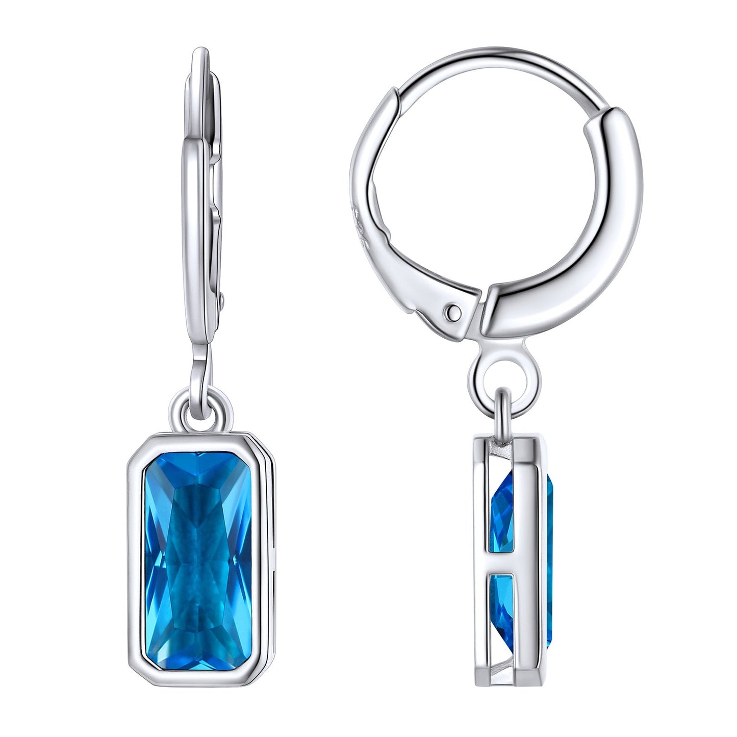 Silver Square Birthstone Dangle Hoop Earrings for