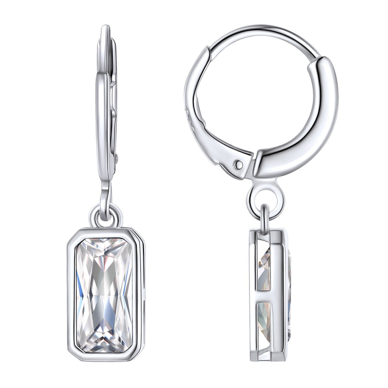 Silver Square Birthstone Dangle Hoop Earrings for