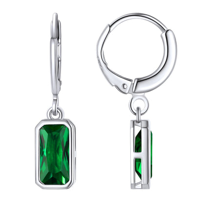 Silver Square Birthstone Dangle Hoop Earrings for