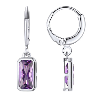Silver Square Birthstone Dangle Hoop Earrings for