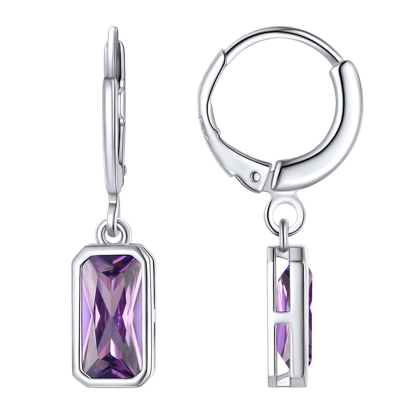 Silver Square Birthstone Dangle Hoop Earrings for