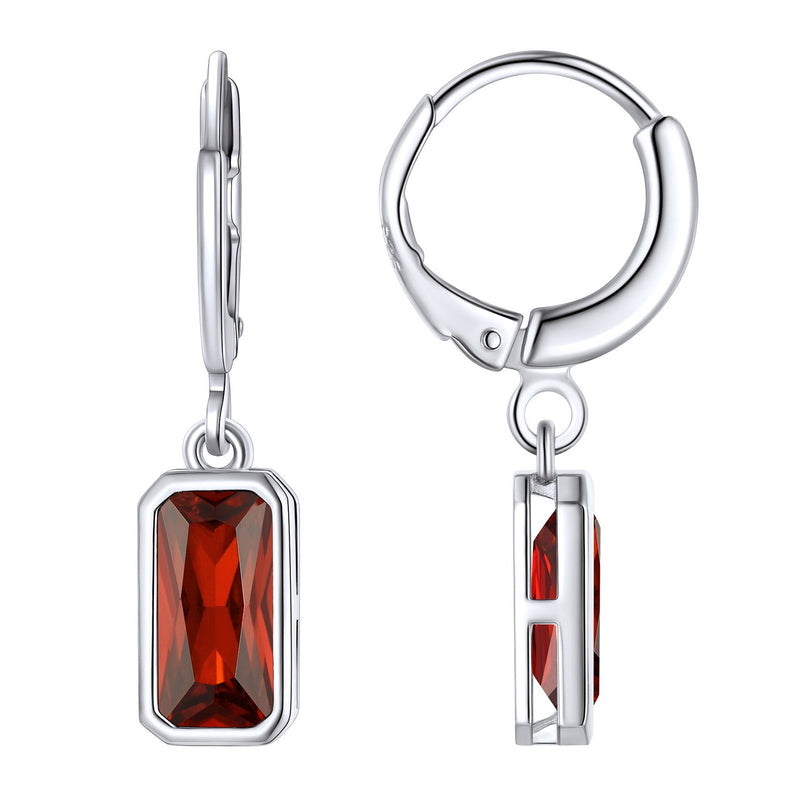 Silver Square Birthstone Dangle Hoop Earrings for