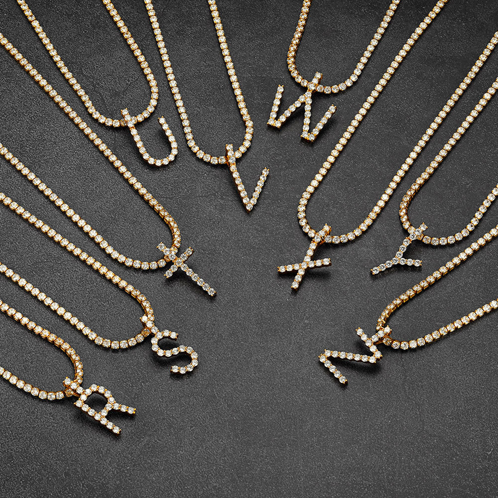 Initial Letter Pendant Necklace With Tennis Chain for