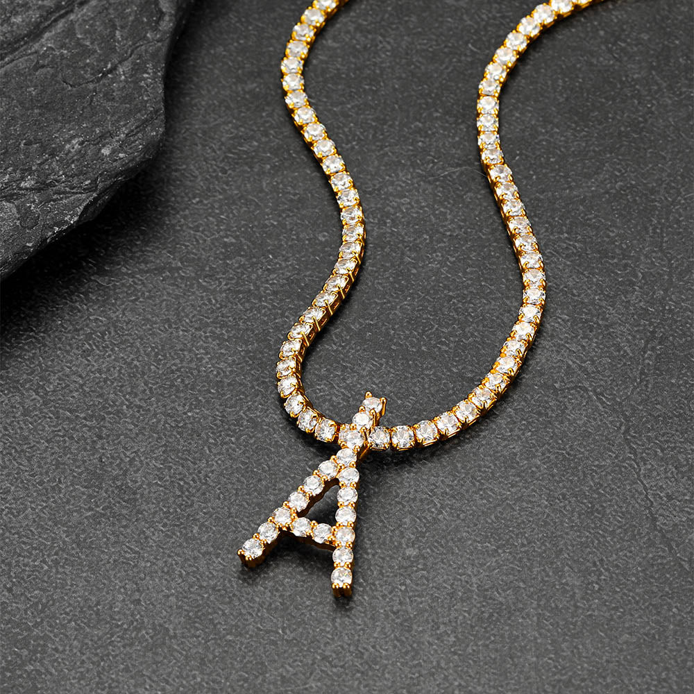 Initial Letter Pendant Necklace With Tennis Chain for