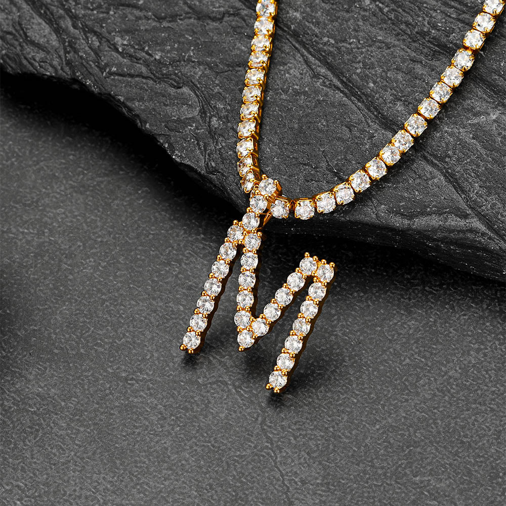 Initial Letter Pendant Necklace With Tennis Chain for