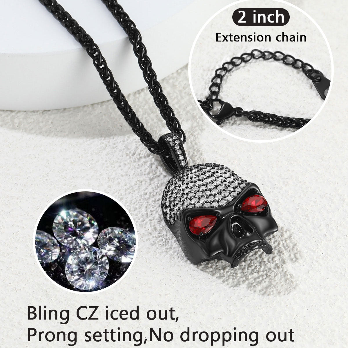 Halloween Gothic Skull Diamond Necklace With Red Eye for