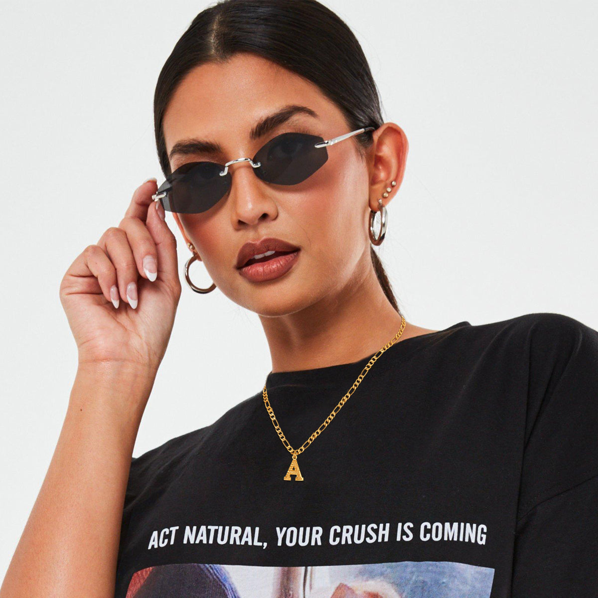 Initial A-z Letter Pendant Figaro Chain Choker Necklace for