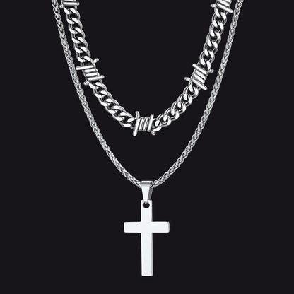 Barbed Wire Cuban Chain & Cross Layered Necklaces Set for