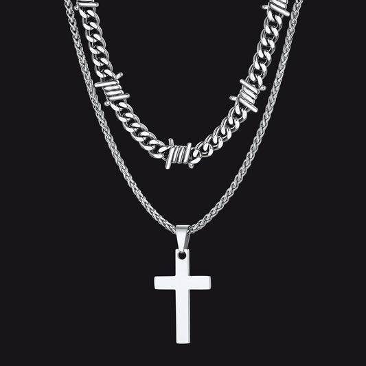 Barbed Wire Cuban Chain & Cross Layered Necklaces Set for