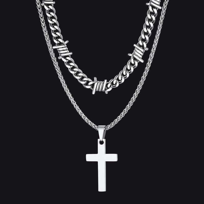Barbed Wire Cuban Chain & Cross Layered Necklaces Set for