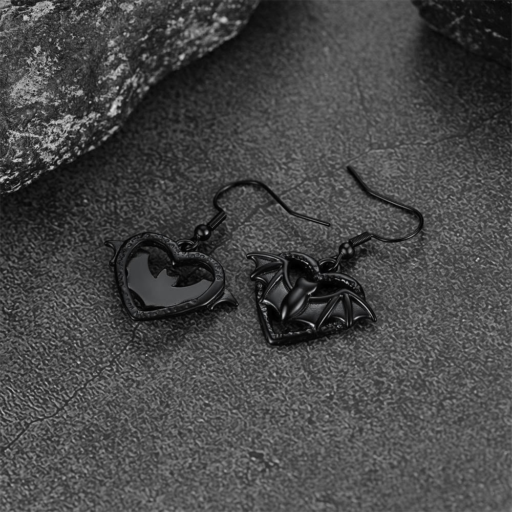 Gothic Bat Heart Dangle Earrings for Halloween Gift