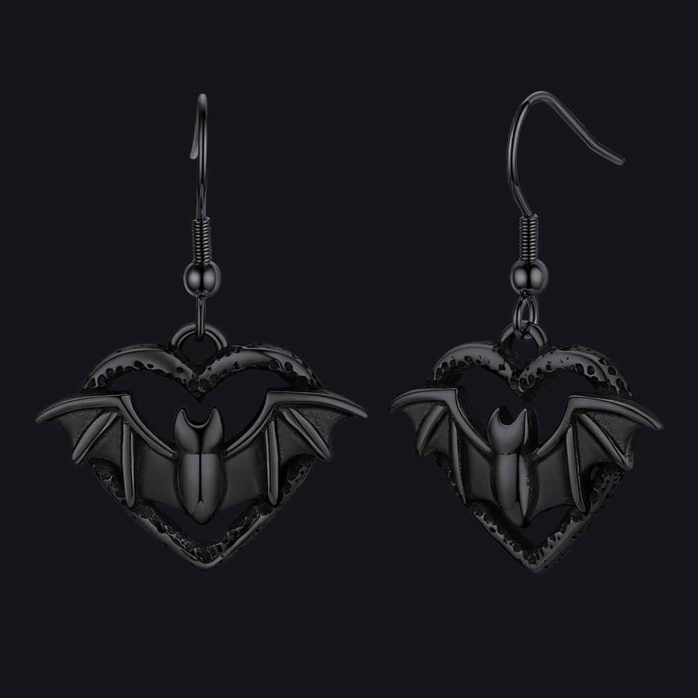 Gothic Bat Heart Dangle Earrings for Halloween Gift