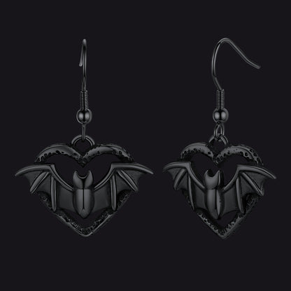 Gothic Bat Heart Dangle Earrings for Halloween Gift