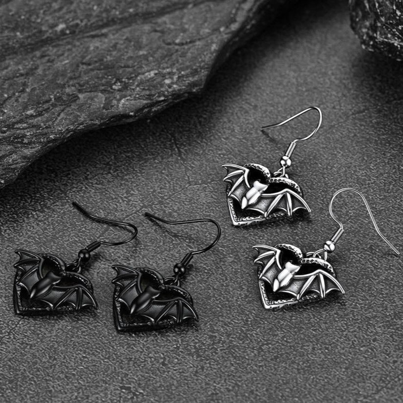 Gothic Bat Heart Dangle Earrings for Halloween Gift