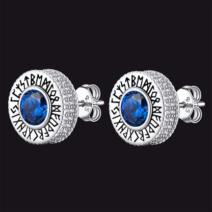 Sterling Silver Viking Runes Gemstone Stud Earrings for