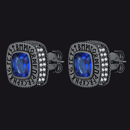 Cushion Cut Diamond Stud Earrings With Viking Runes in Sterling Silver