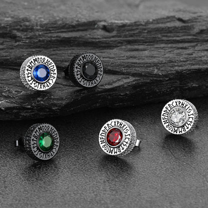 Sterling Silver Viking Runes Gemstone Stud Earrings for