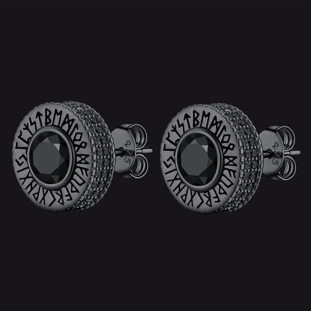 Sterling Silver Viking Runes Gemstone Stud Earrings for