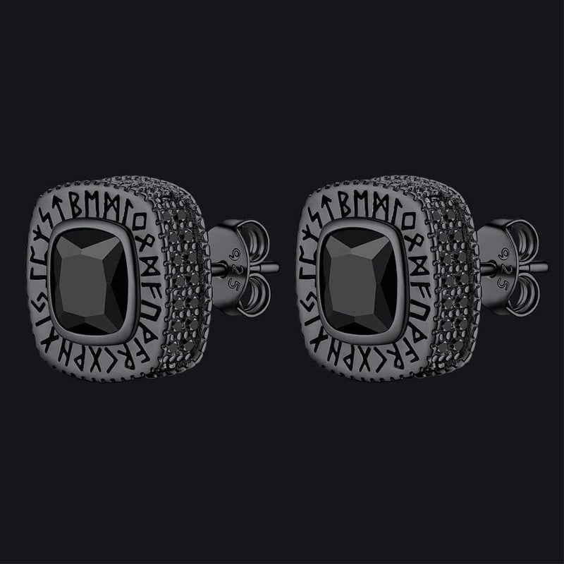Cushion Cut Diamond Stud Earrings With Viking Runes in Sterling Silver