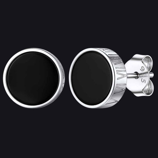 Roman Numerals Black Onyx Stud Earrings in Sterling Silver for