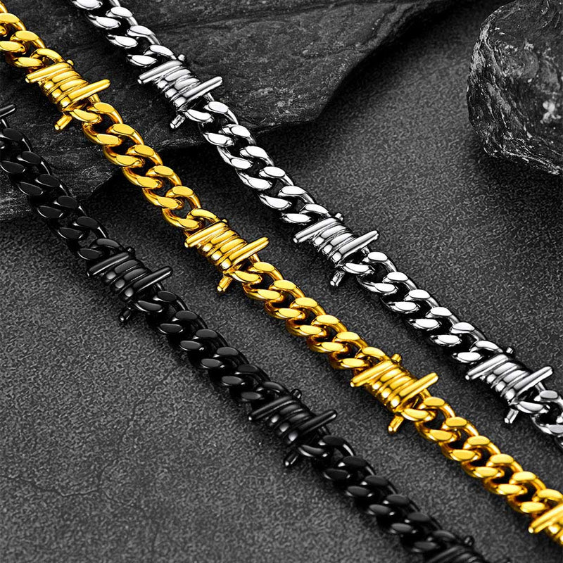 Barbed Wire Cuban Link Chain Choker Necklace for
