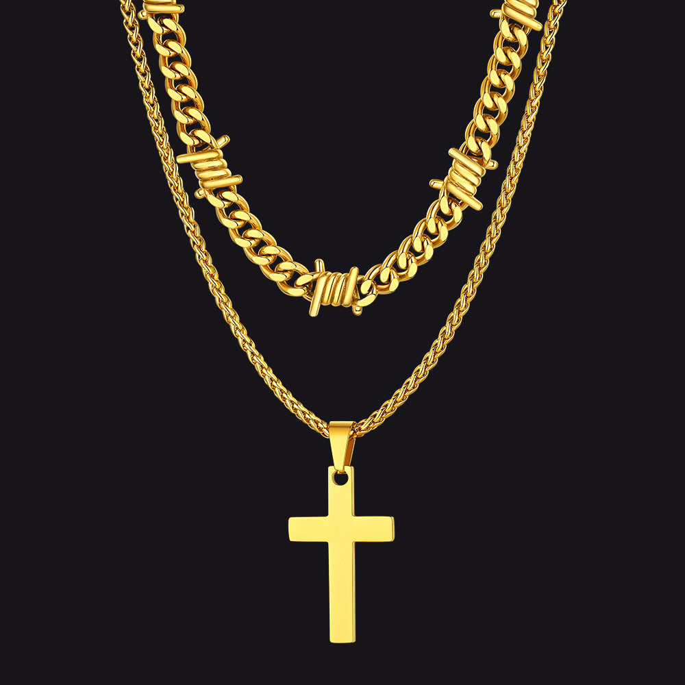 Barbed Wire Cuban Chain & Cross Layered Necklaces Set for